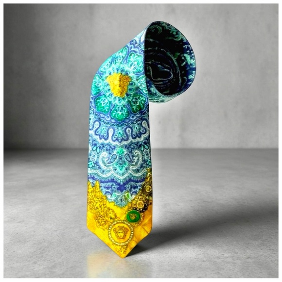 Versace Medusa Silk Tie – Blue, Green & Gold Baroque Print – Italy - Picture 6 of 12